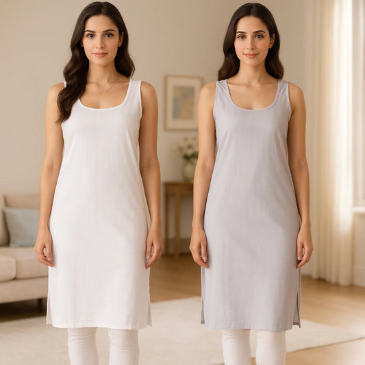KURTIVERSE Women’s Poly Cotton Long Inner Slip Combo Pack of 2 with Side Slit | Grey & White