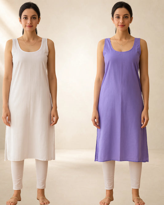 KURTIVERSE Women’s Poly Cotton Long Inner Slip Combo Pack of 2 with Side Slit | Lavender & White