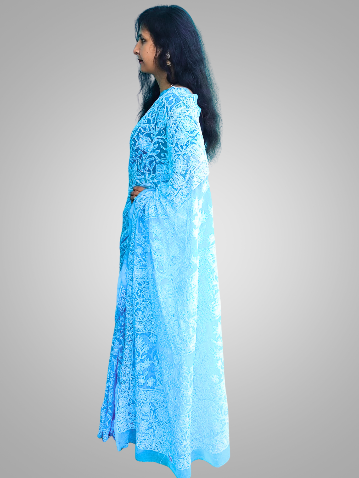 KURTIVERSE Chikan Hand Embroidered Georgette Saree with Blouse