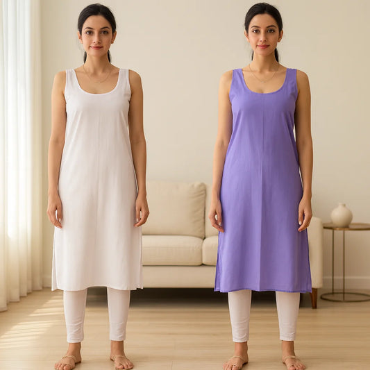 KURTIVERSE Women’s Poly Cotton Long Inner Slip Combo Pack of 2 with Side Slit | Lavender & White