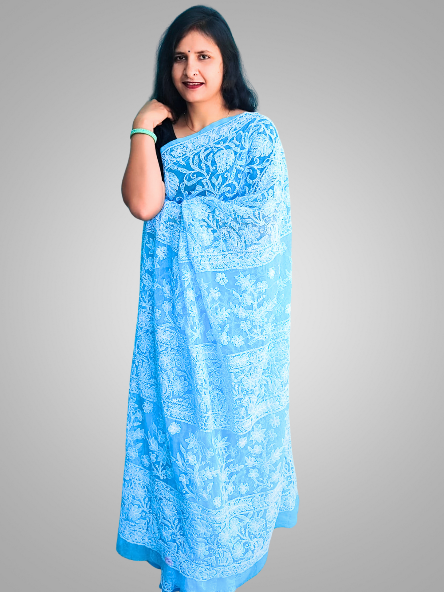 KURTIVERSE Chikan Hand Embroidered Georgette Saree with Blouse