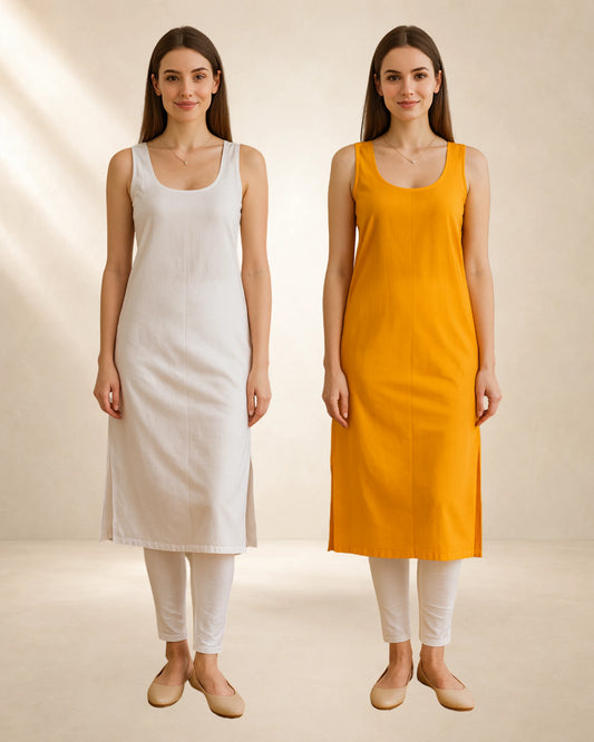 KURTIVERSE Women’s Poly Cotton Long Inner Slip Combo Pack of 2 with Side Slit | Mustard Yellow & White