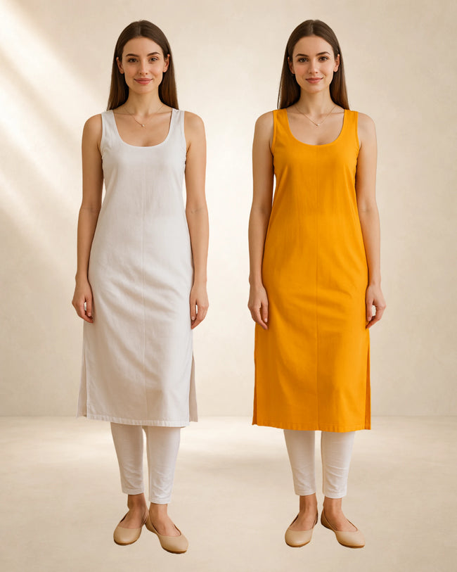 KURTIVERSE Women’s Poly Cotton Long Inner Slip Combo Pack of 2 with Side Slit | Mustard Yellow & White
