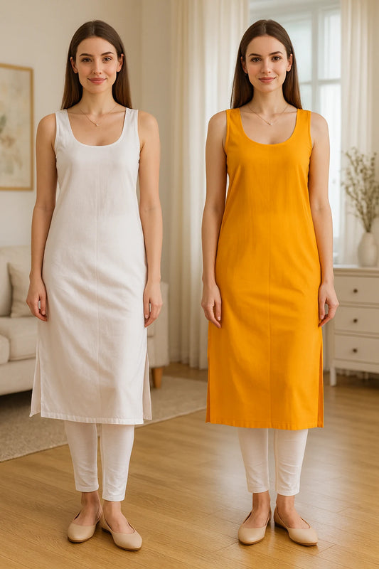 KURTIVERSE Women’s Poly Cotton Long Inner Slip Combo Pack of 2 with Side Slit | Mustard Yellow & White