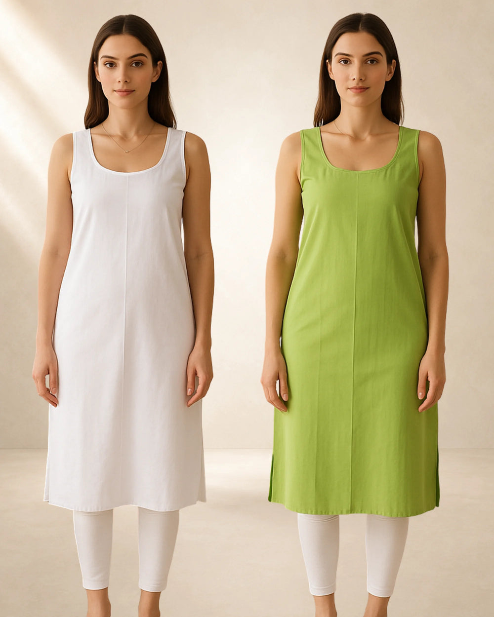 KURTIVERSE Women’s Poly Cotton Long Inner Slip Combo Pack of 2 with Side Slit | Green & White