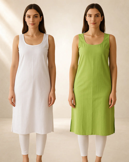 KURTIVERSE Women’s Poly Cotton Long Inner Slip Combo Pack of 2 with Side Slit | Green & White