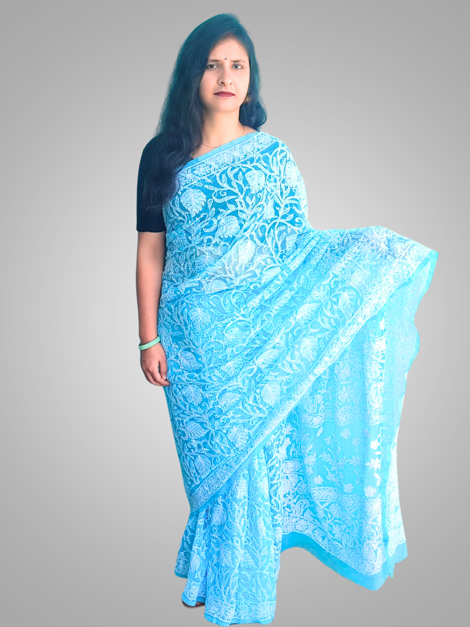 KURTIVERSE Chikan Hand Embroidered Georgette Saree with Blouse