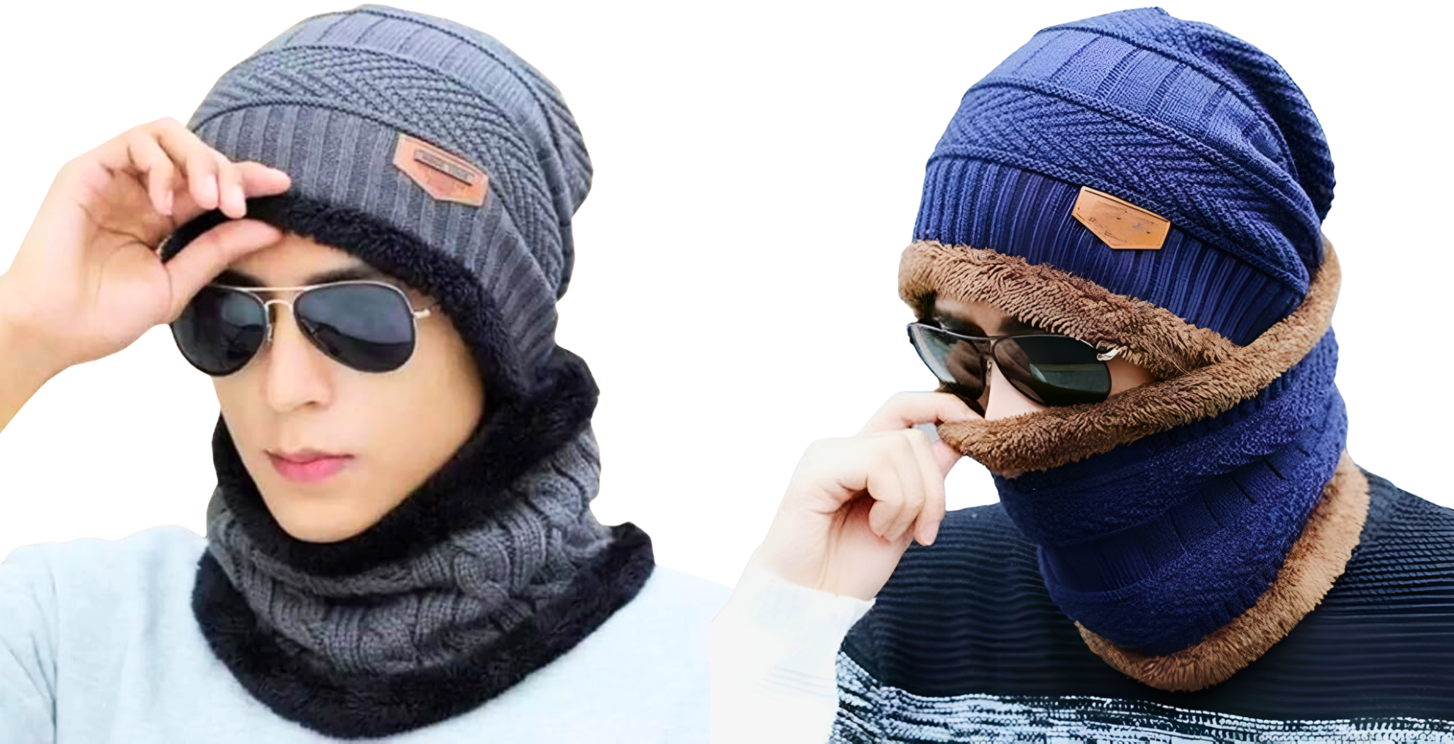 KURTIVERSE Grey & Blue Woolen Cap Neck Warmer Set Combo Pack Of 2