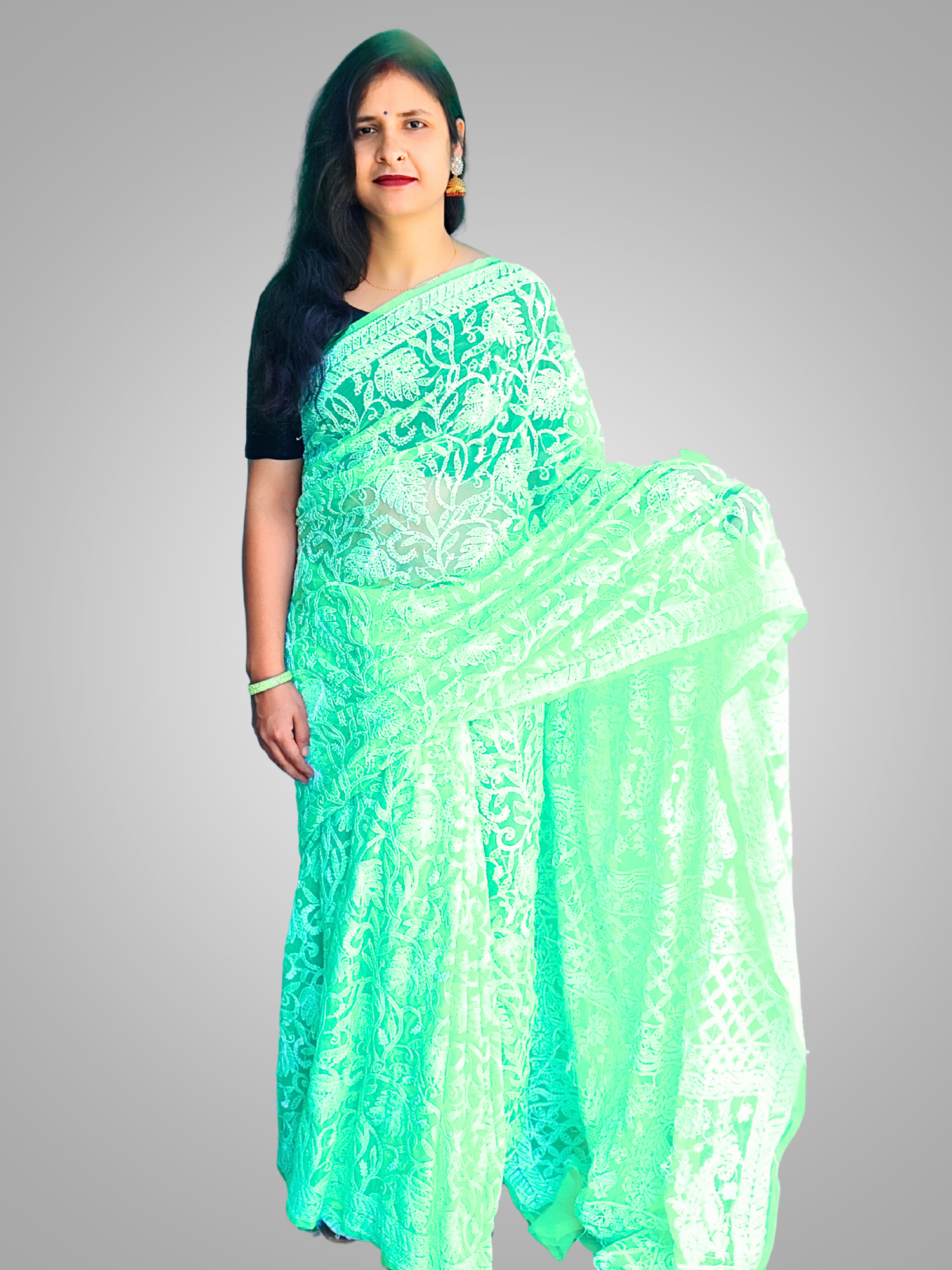 KURTIVERSE Chikan Hand Embroidered Georgette Saree with Blouse