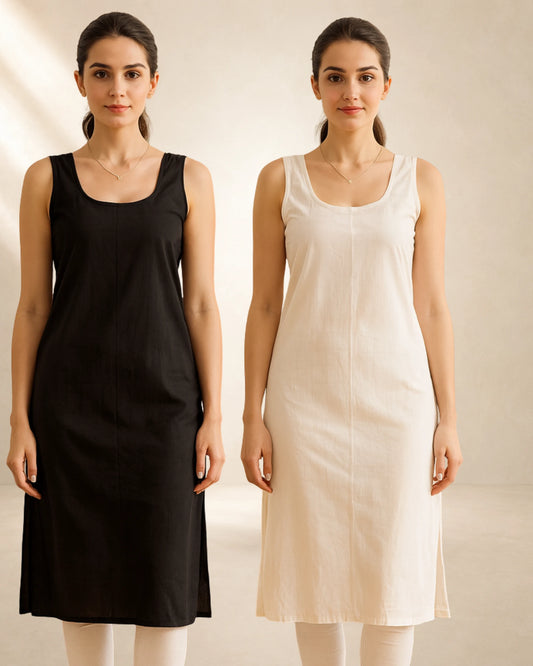KURTIVERSE Women’s Poly Cotton Long Inner Slip Combo Pack of 2 with Side Slit | White & Black