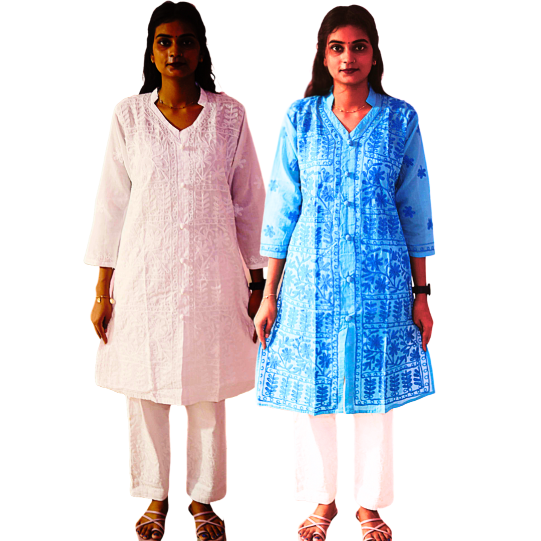 KurtiVerse White & Blue Button Kurti Combo Pack Of 2