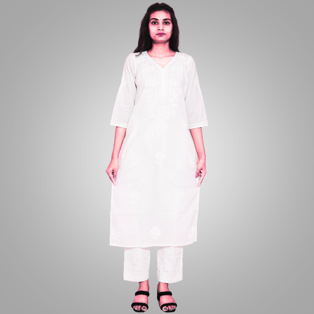 KURTIVERSE White Pure Cotton V Neck Kurti Women Chikankari Kurta