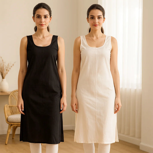 KURTIVERSE Women’s Poly Cotton Long Inner Slip Combo Pack of 2 with Side Slit | White & Black