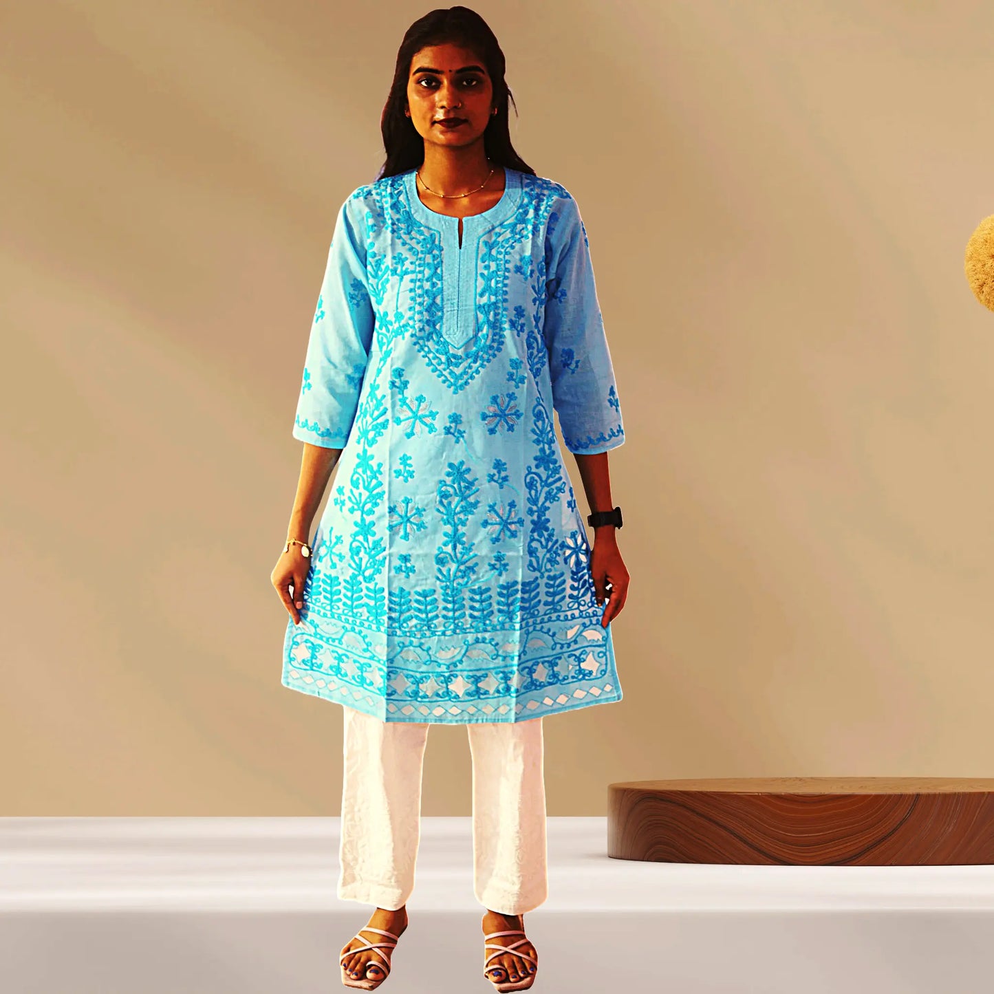 Chikan Cotton Kurti for Women with Net Embroidery Diwali Dress KurtiVerse