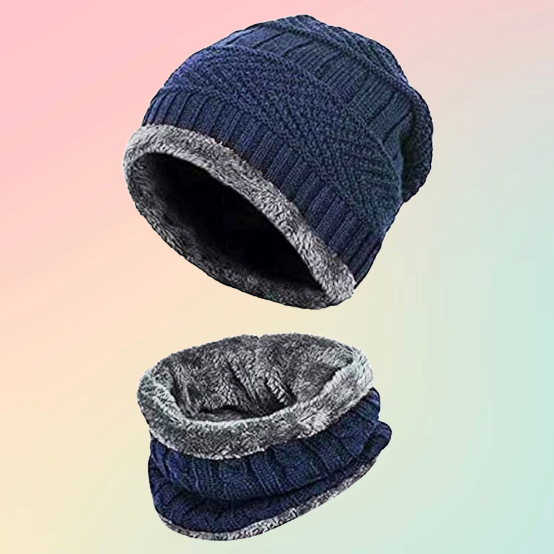 Navy Blue Winter Knit Beanie and Neck Warmer Scarf Set, 2 Piece, Woolen Cap Set