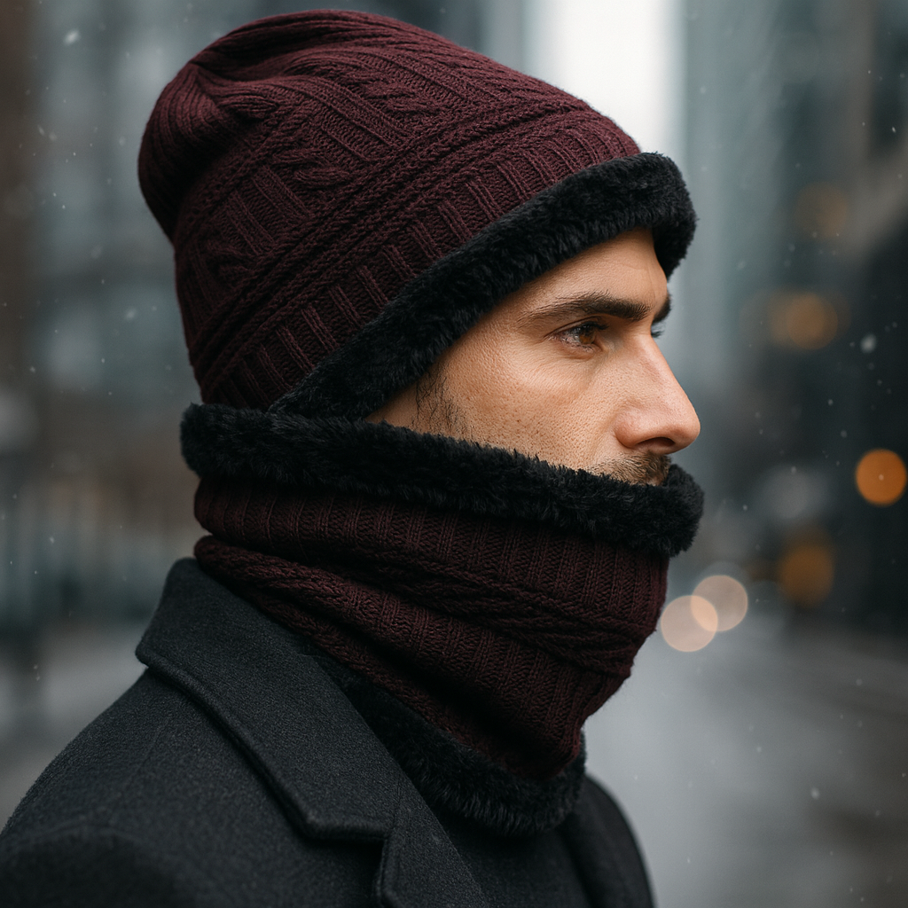 Kurtiverse Oversized Winter Beanie Cap & Neck Warmer Set — Street Style XL Knit Hat + Fleece Muffler | Unisex Big Head Fit | Comfort Warmth for City Winters