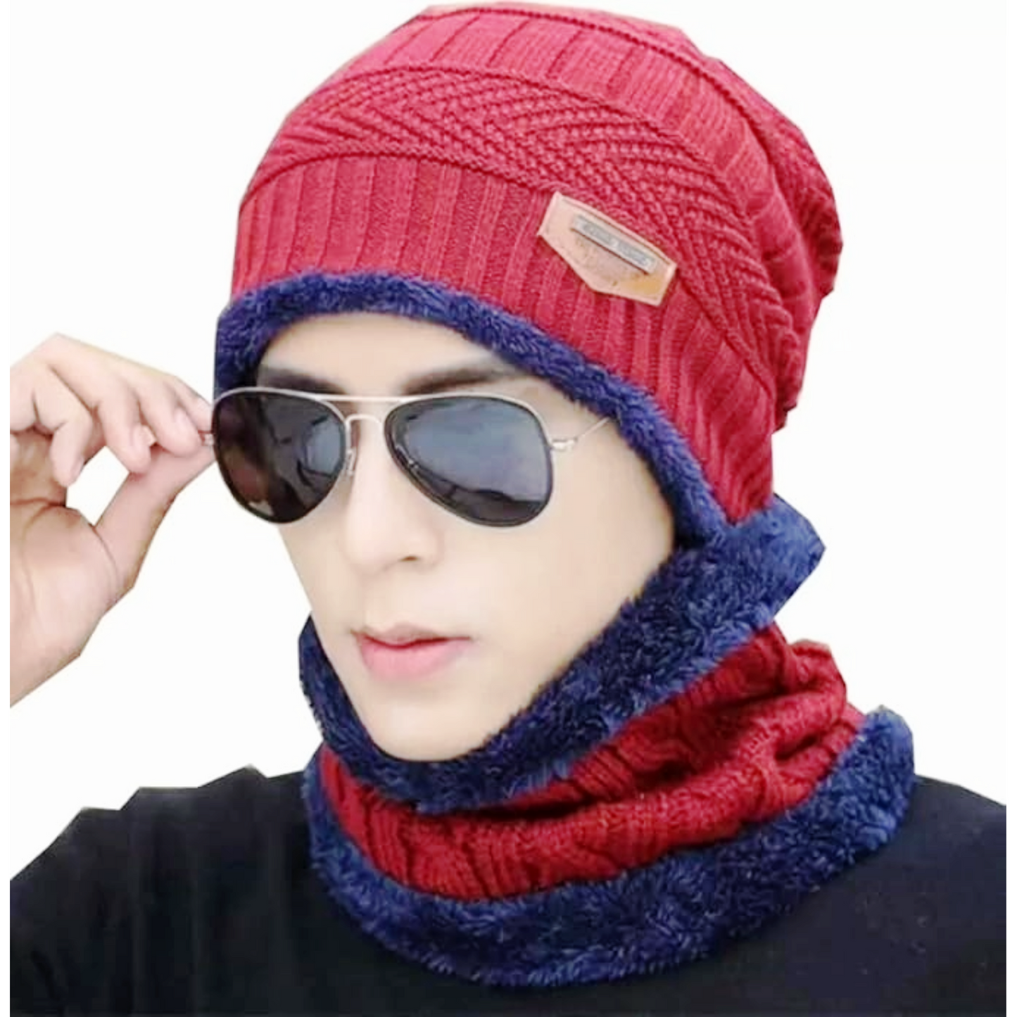 KURTIVERSE Grey & Red Woolen Cap Neck Warmer Set Combo Pack Of 2