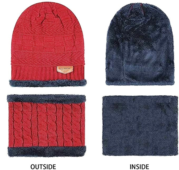 KURTIVERSE Grey & Red Woolen Cap Neck Warmer Set Combo Pack Of 2