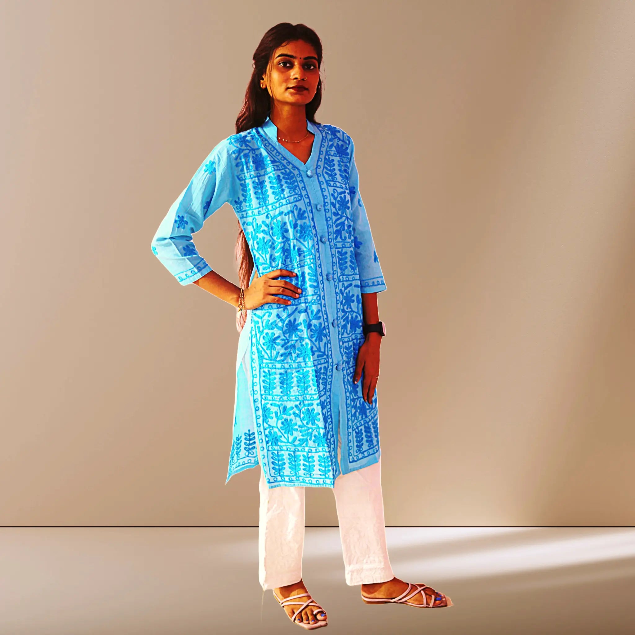 Women Cotton Kurti with Chikan Machine Embroidery Work Kurta for Ladies Diwali Festival Dress KurtiVerse