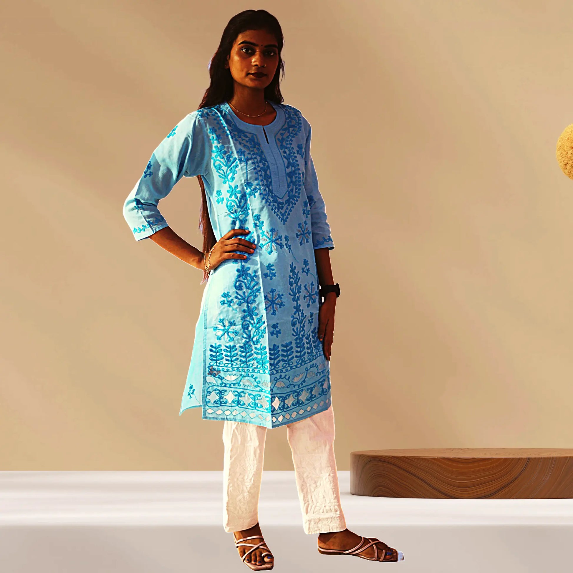 Chikan Cotton Kurti for Women with Net Embroidery Diwali Dress KurtiVerse