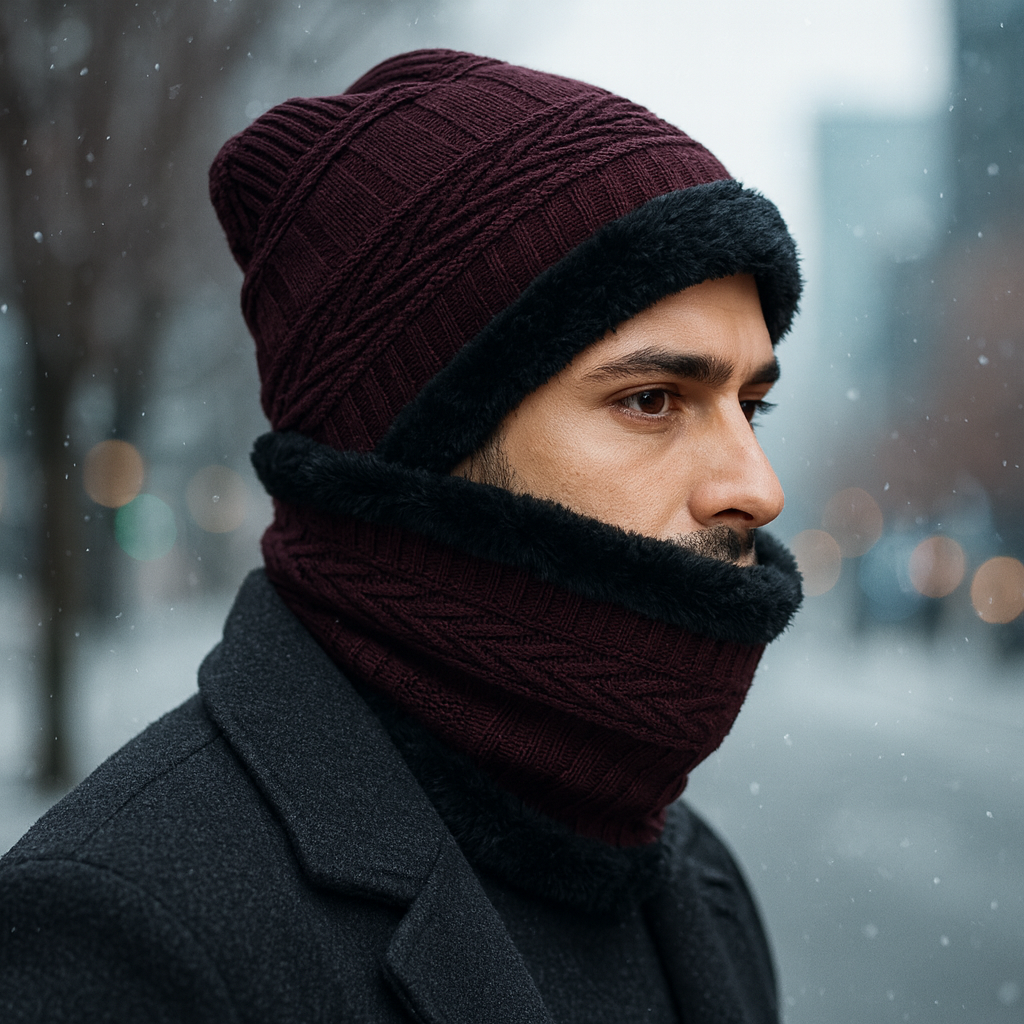 Kurtiverse Oversized Winter Beanie Cap & Neck Warmer Set — Street Style XL Knit Hat + Fleece Muffler | Unisex Big Head Fit | Comfort Warmth for City Winters