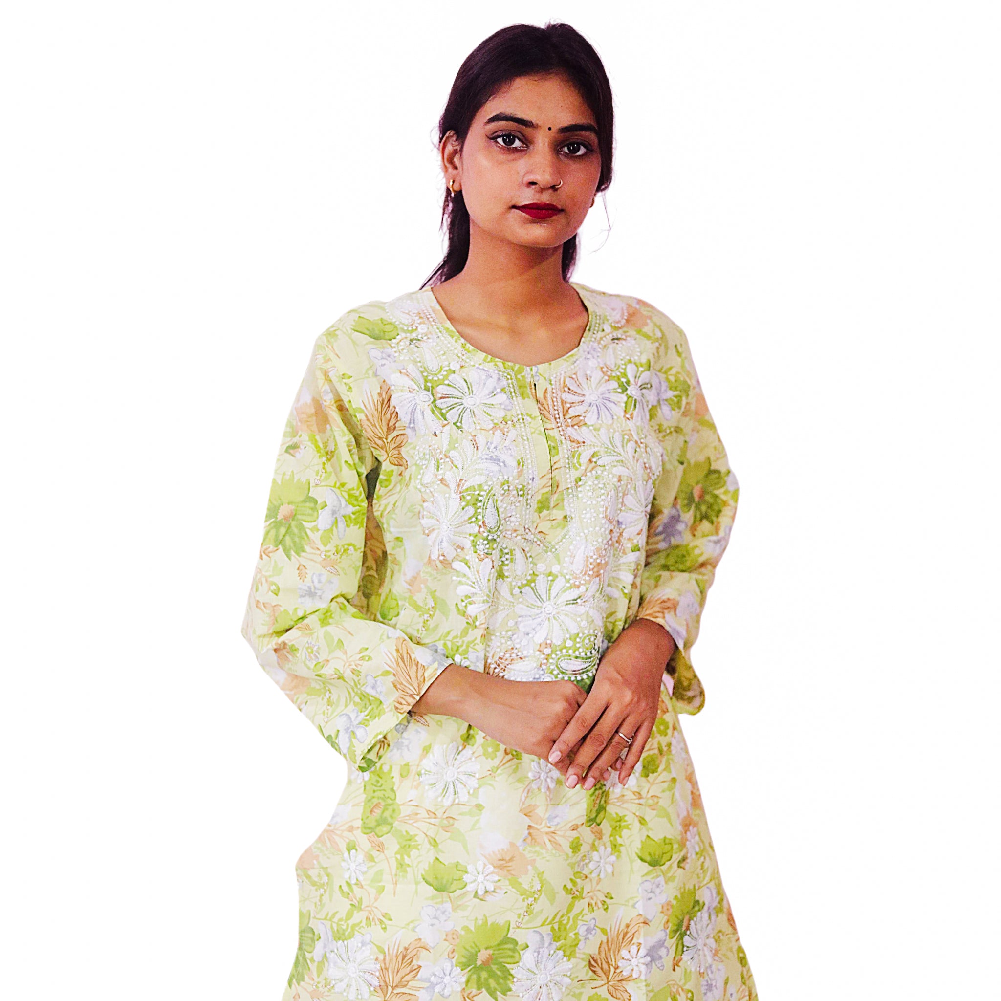 Women Printed Cotton Kurti with Embroidery Machine Work Kurta Top