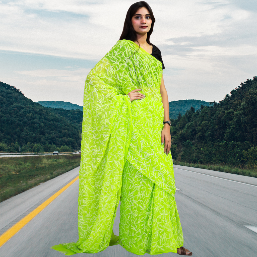 KURTIVERSE Women Chikankari Hand Embroidery Saree Blouse, Pista Green