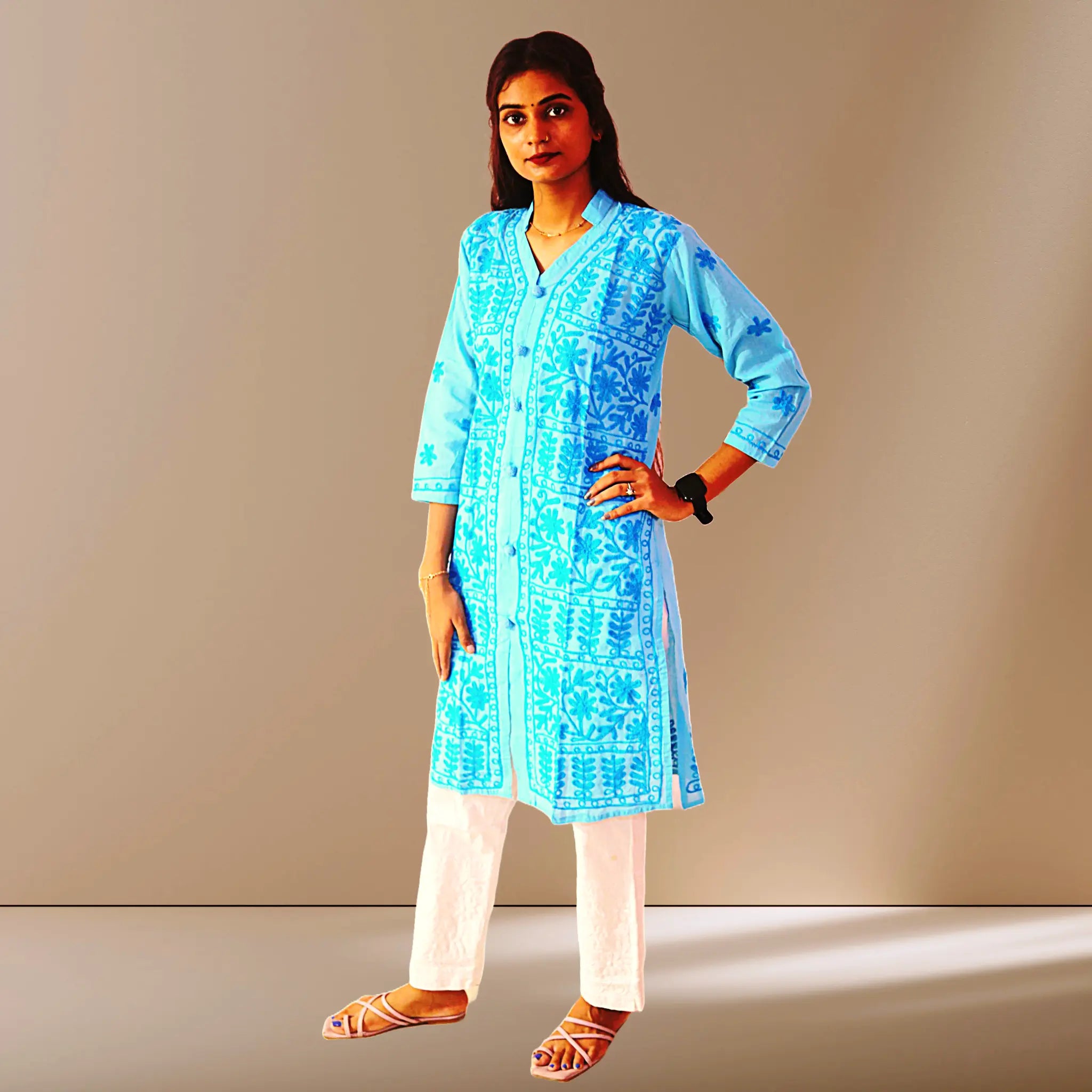 Women Cotton Kurti with Chikan Machine Embroidery Work Kurta for Ladies Diwali Festival Dress KurtiVerse