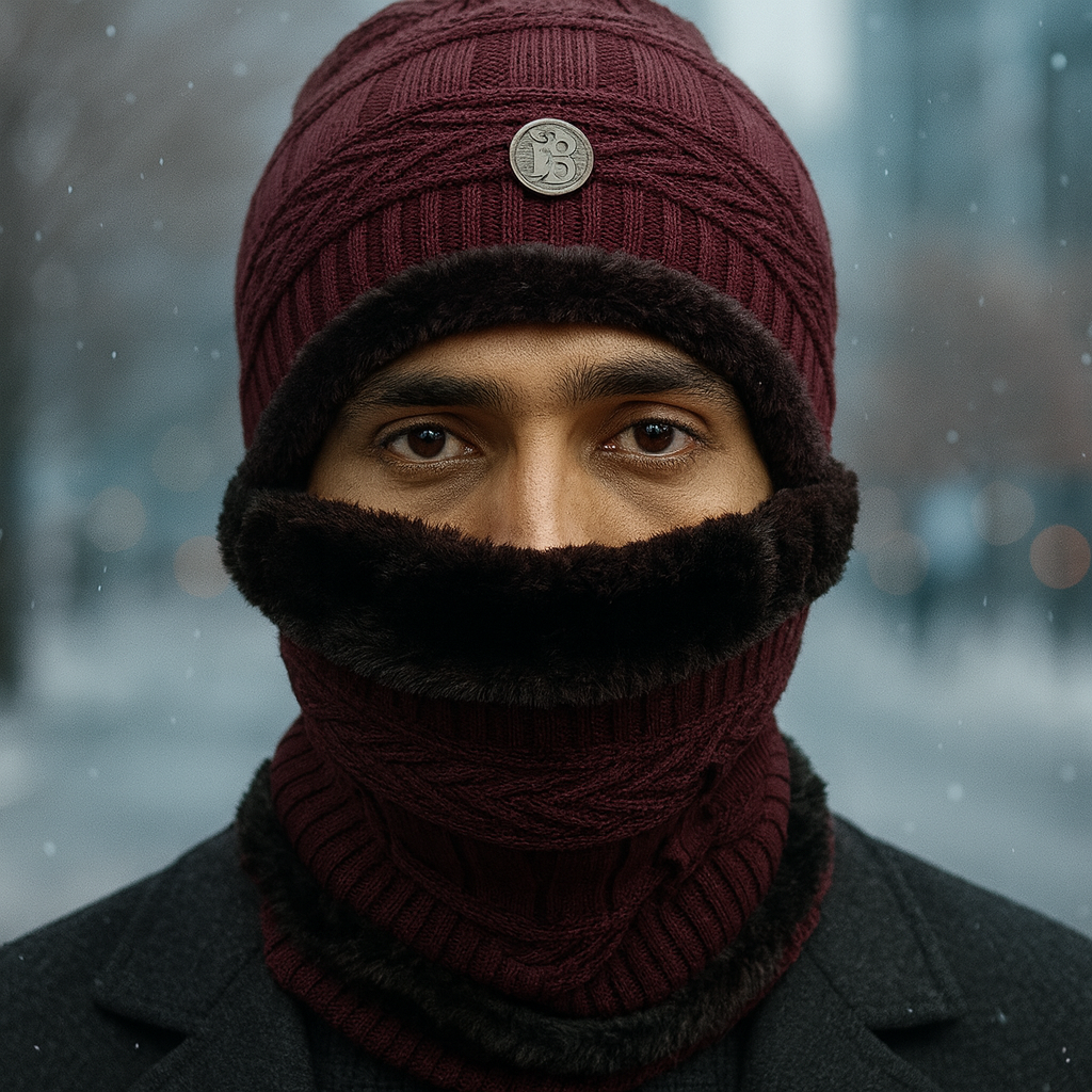 Kurtiverse Oversized Winter Beanie Cap & Neck Warmer Set — Street Style XL Knit Hat + Fleece Muffler | Unisex Big Head Fit | Comfort Warmth for City Winters