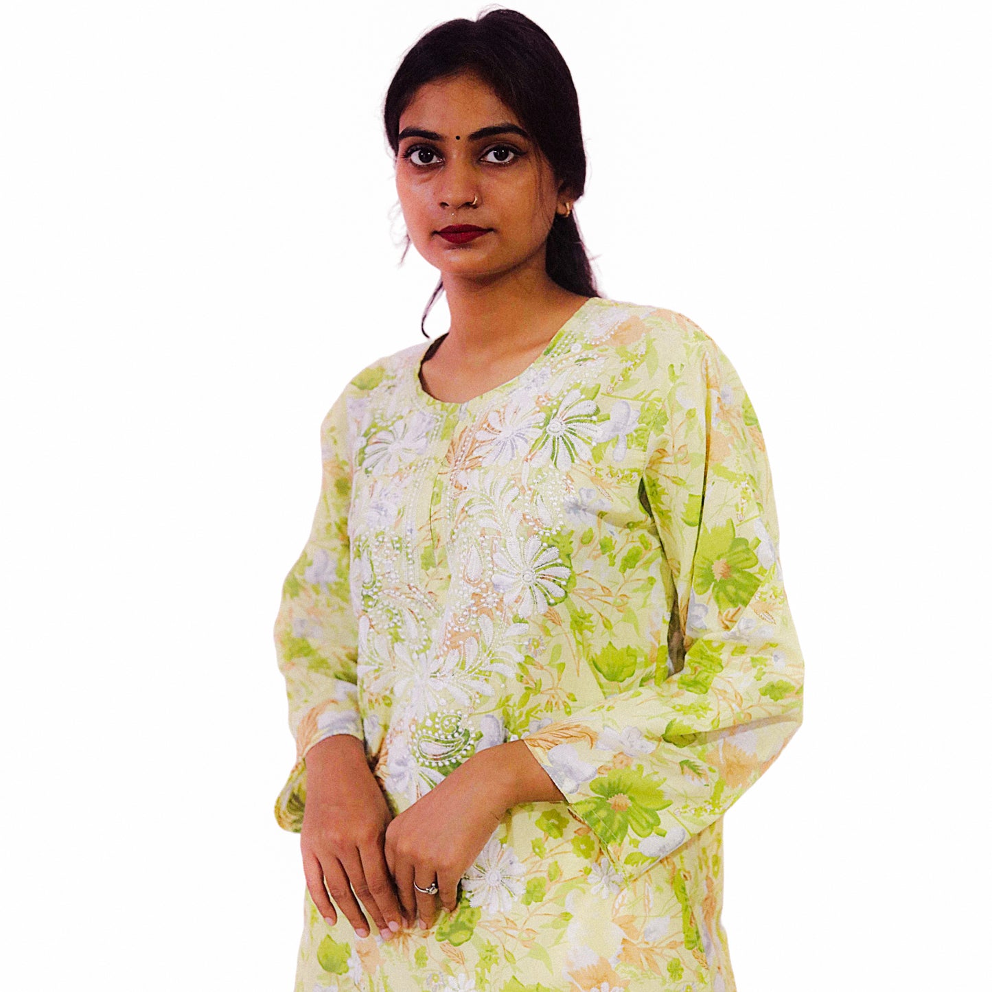 Women Printed Cotton Kurti with Embroidery Machine Work Kurta Top