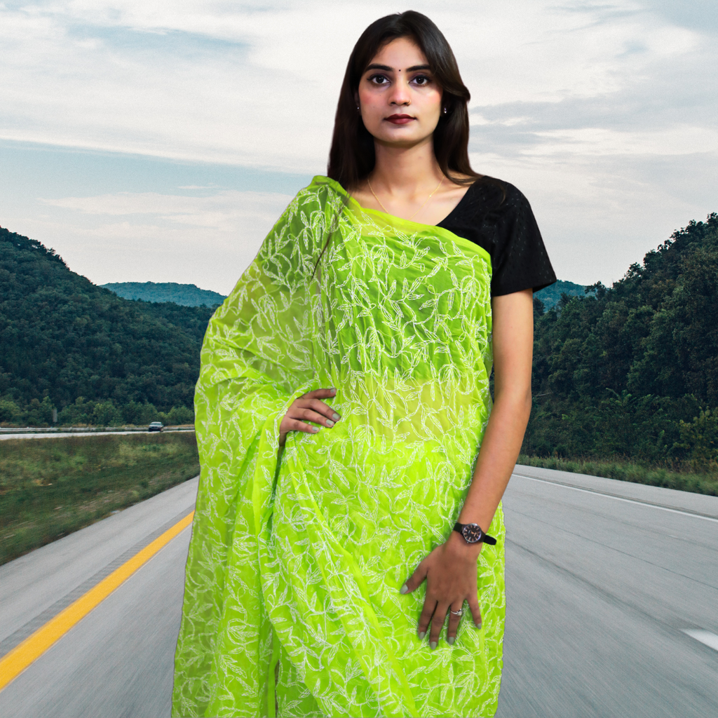 KURTIVERSE Women Chikankari Hand Embroidery Saree Blouse, Pista Green