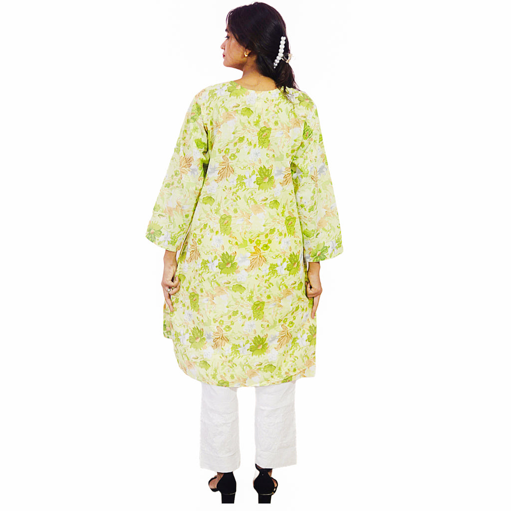 Women Printed Cotton Kurti with Embroidery Machine Work Kurta Top