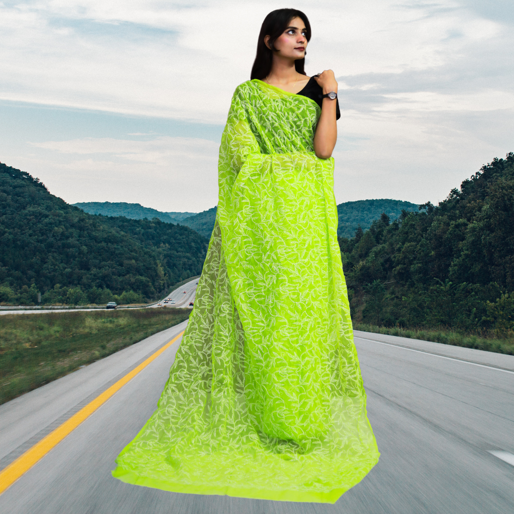 KURTIVERSE Women Chikankari Hand Embroidery Saree Blouse, Pista Green