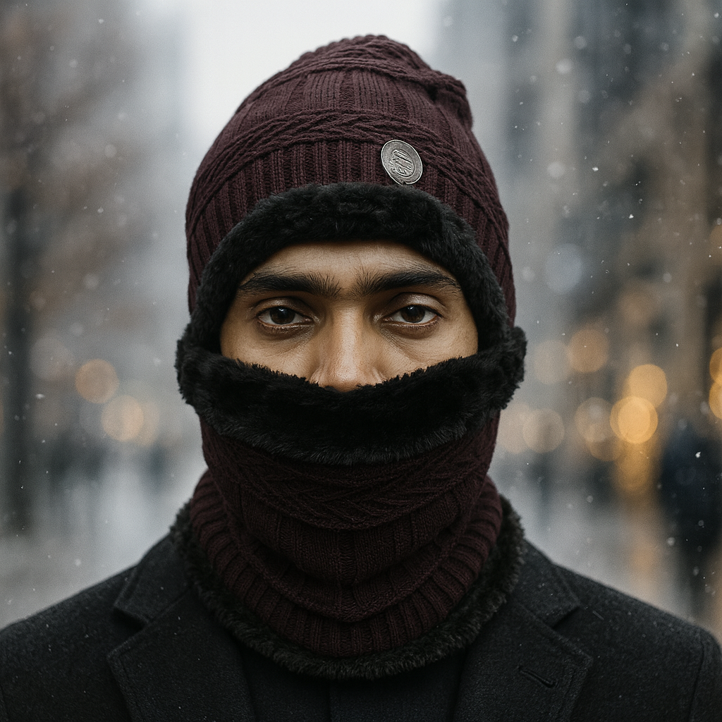 Kurtiverse Oversized Winter Beanie Cap & Neck Warmer Set — Street Style XL Knit Hat + Fleece Muffler | Unisex Big Head Fit | Comfort Warmth for City Winters