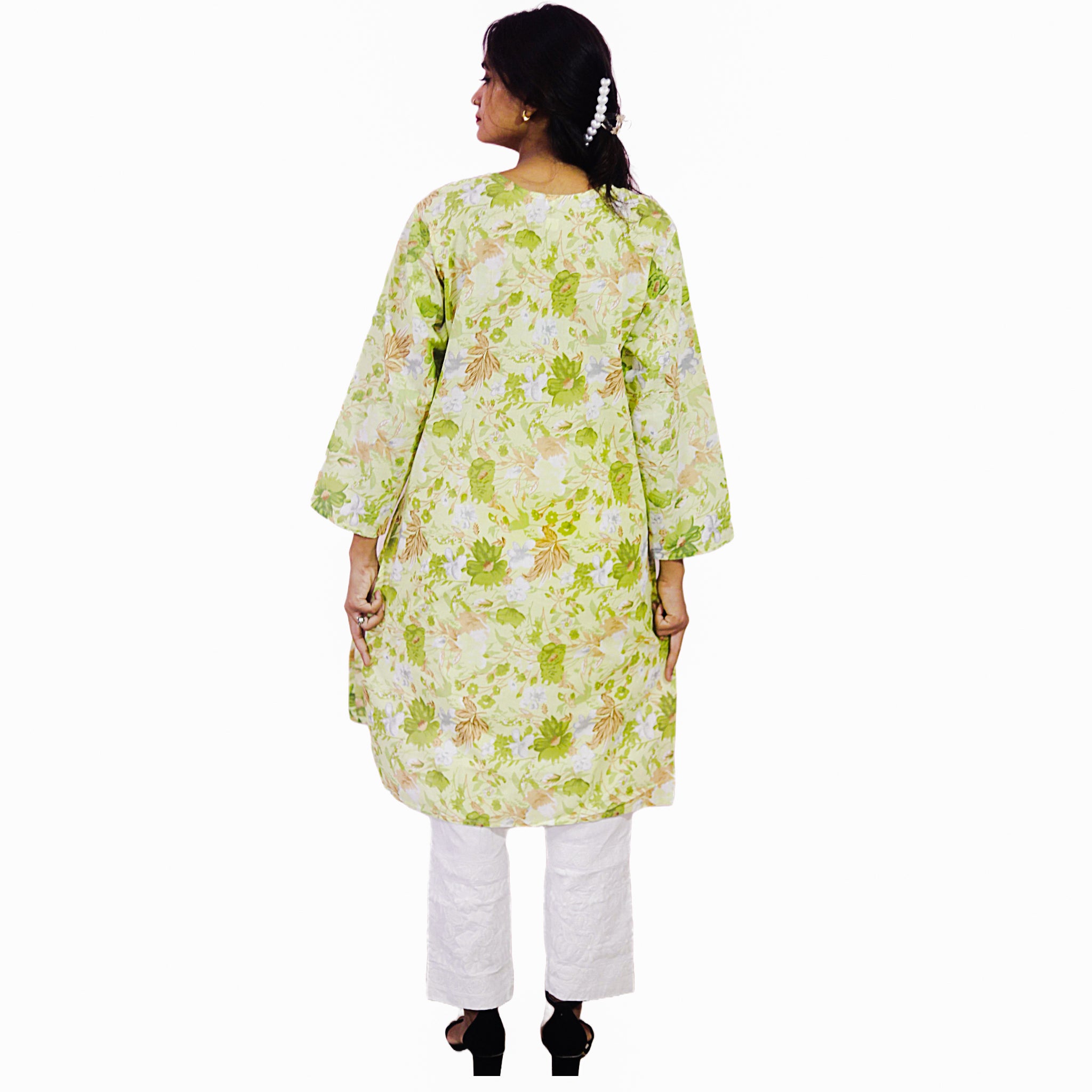 Women Printed Cotton Kurti with Embroidery Machine Work Kurta Top