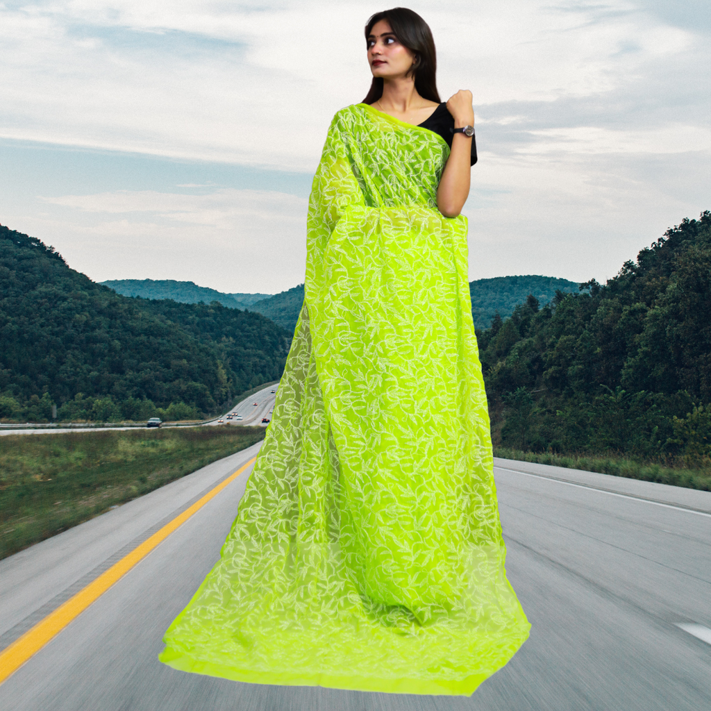 KURTIVERSE Women Chikankari Hand Embroidery Saree Blouse, Pista Green