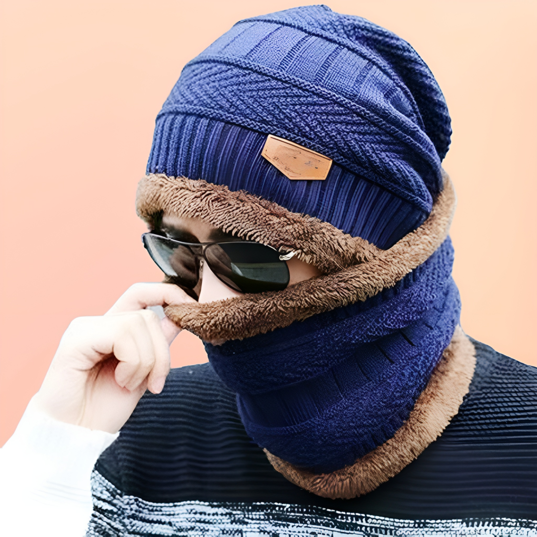 Navy Blue Winter Knit Beanie and Neck Warmer Scarf Set, 2 Piece, Woolen Cap Set