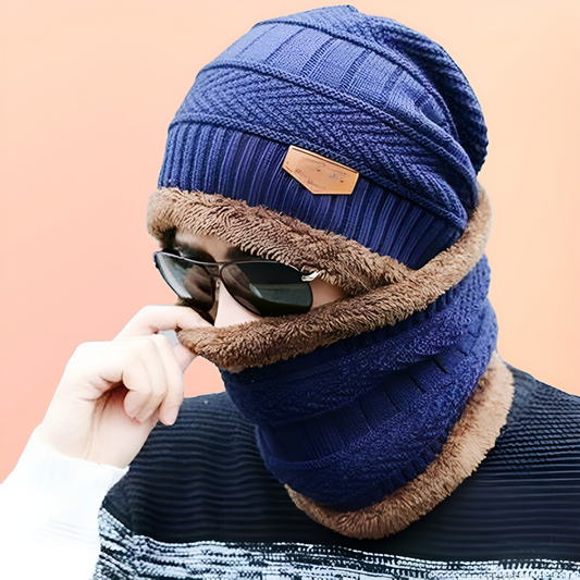 Navy Blue Winter Knit Beanie and Neck Warmer Scarf Set, 2 Piece, Woolen Cap Set