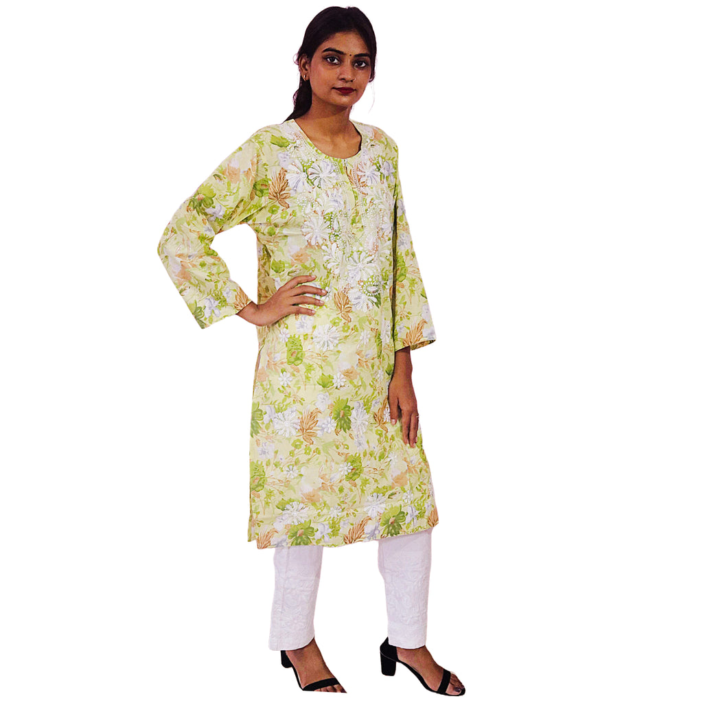 Women Printed Cotton Kurti with Embroidery Machine Work Kurta Top