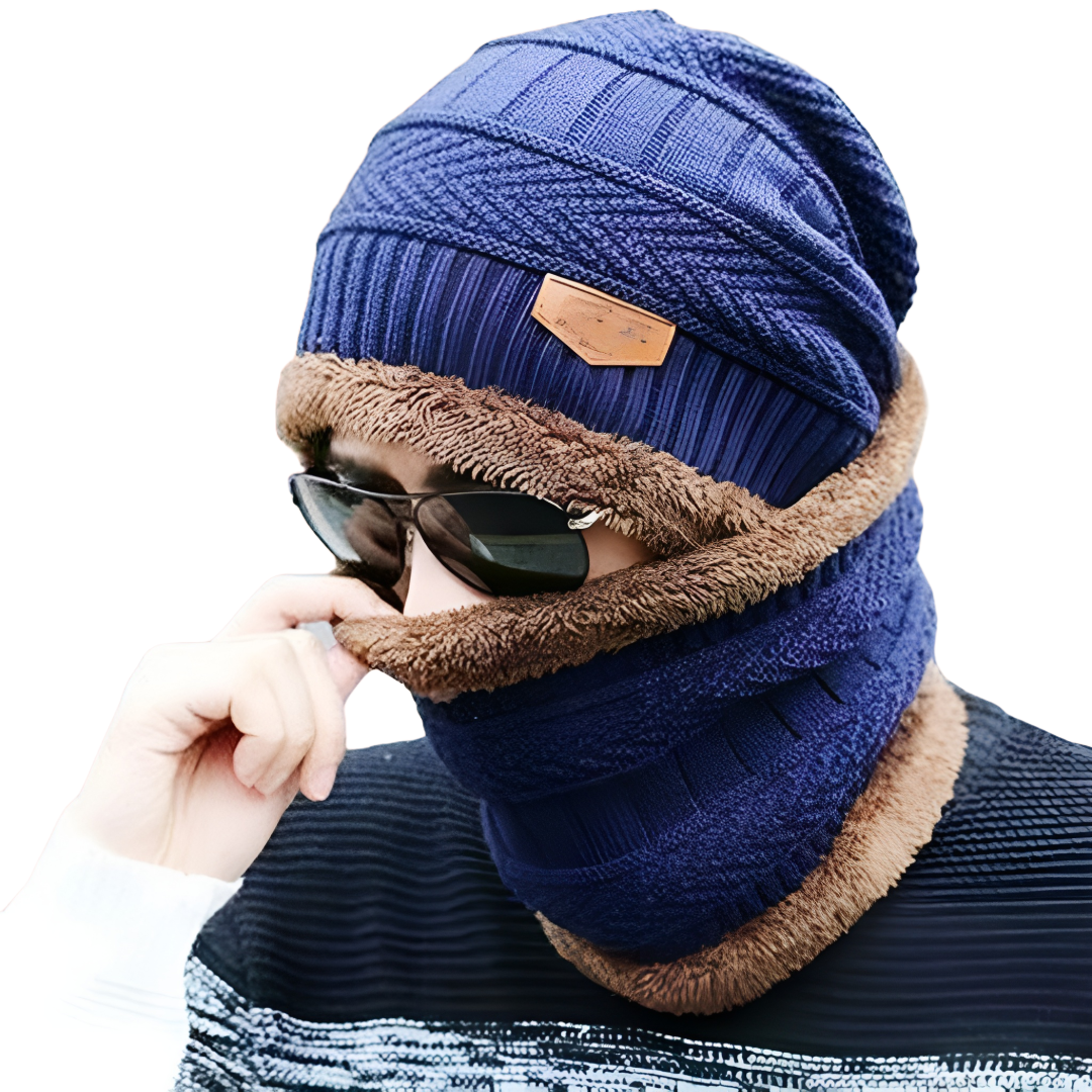 Navy Blue Winter Knit Beanie and Neck Warmer Scarf Set, 2 Piece, Woolen Cap Set