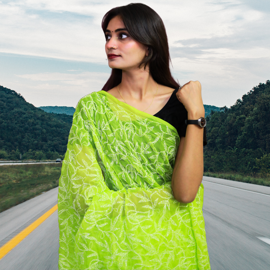 KURTIVERSE Women Chikankari Hand Embroidery Saree Blouse, Pista Green