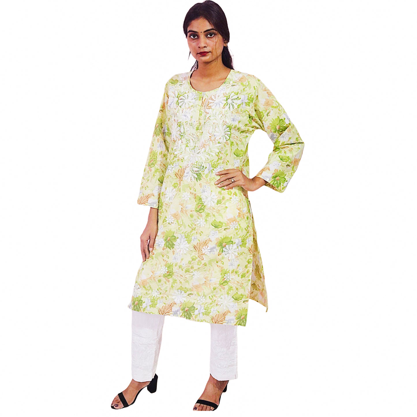 Women Printed Cotton Kurti with Embroidery Machine Work Kurta Top