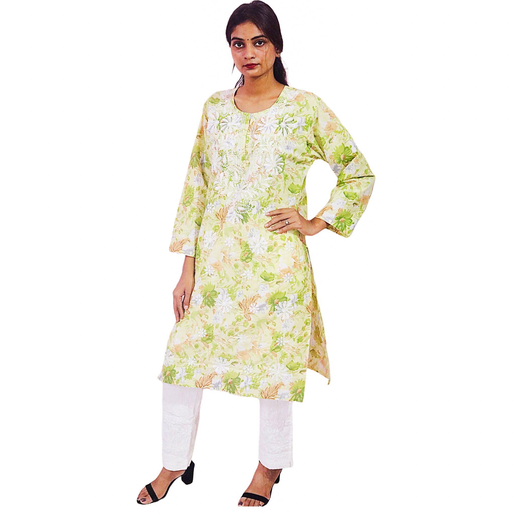 Women Printed Cotton Kurti with Embroidery Machine Work Kurta Top