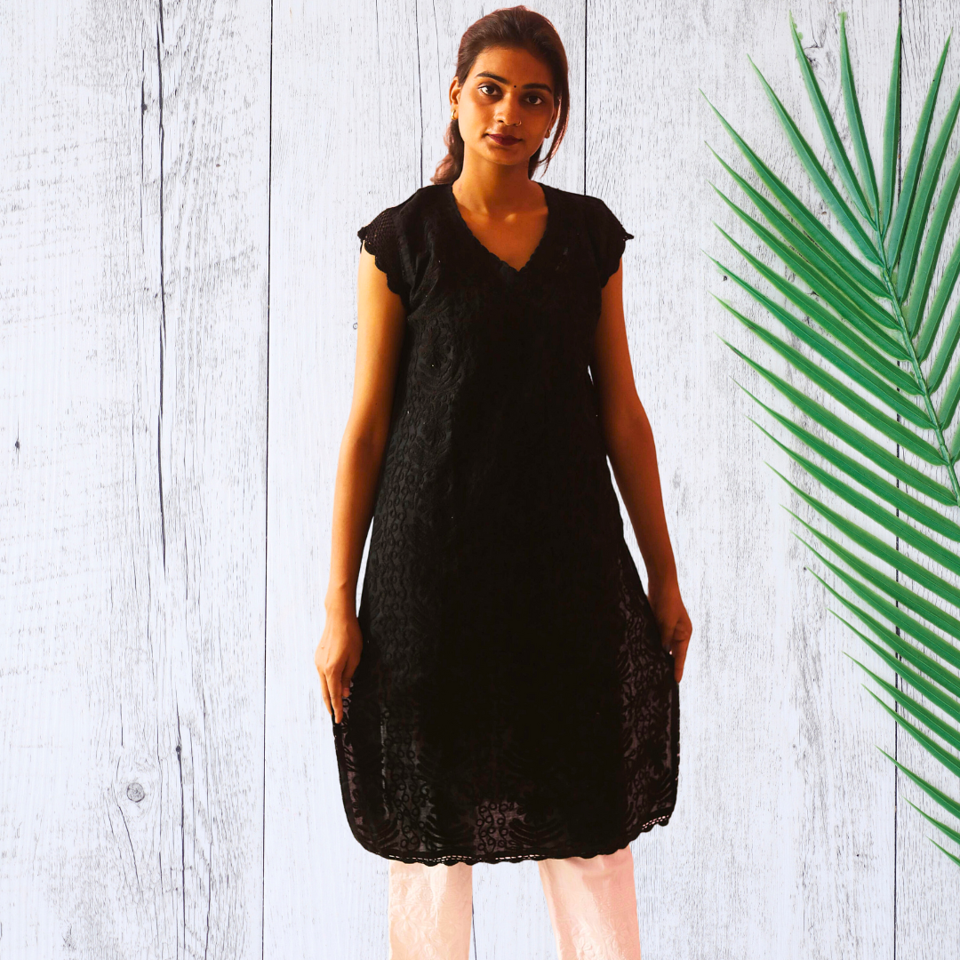 KurtiVerse Short Sleeve Cotton Chikan Embroidery Kurti for Women Black