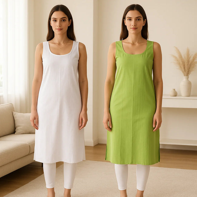 KURTIVERSE Women’s Poly Cotton Long Inner Slip Combo Pack of 2 with Side Slit | Green & White