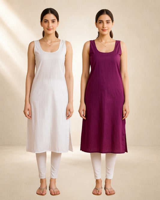 KURTIVERSE Women’s Poly Cotton Long Inner Slip Combo Pack of 2 with Side Slit | Wine & White