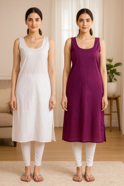 KURTIVERSE Women’s Poly Cotton Long Inner Slip Combo Pack of 2 with Side Slit | Wine & White