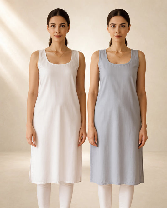KURTIVERSE Women’s Poly Cotton Long Inner Slip Combo Pack of 2 with Side Slit | Dark Grey & White
