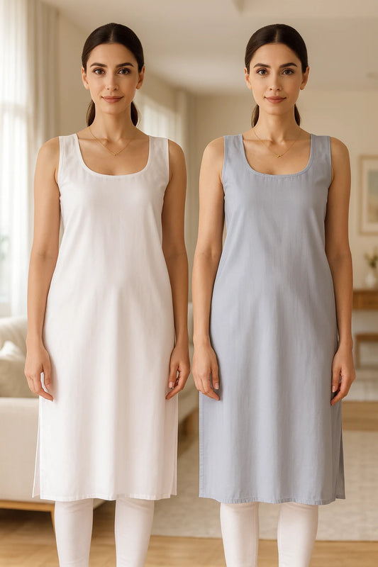 KURTIVERSE Women’s Poly Cotton Long Inner Slip Combo Pack of 2 with Side Slit | Dark Grey & White
