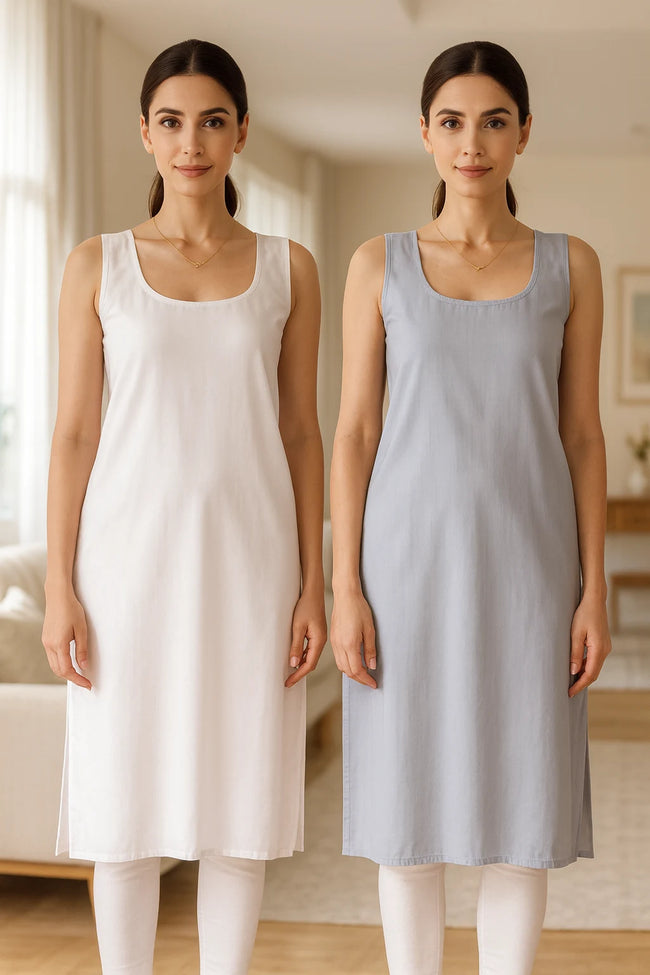 KURTIVERSE Women’s Poly Cotton Long Inner Slip Combo Pack of 2 with Side Slit | Dark Grey & White